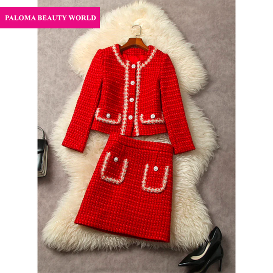 Red Tweed Jacket Skirt Suit Two Piece Elegant Women Outfit Autumn Winter Party Dress Set