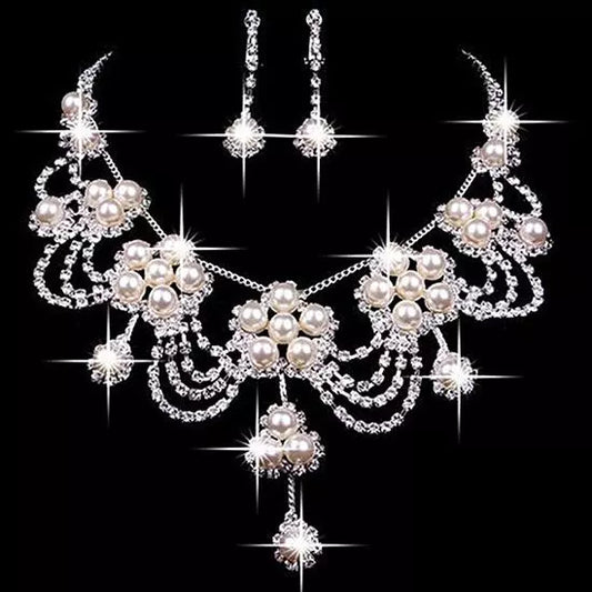 Luxury Rhinestone Faux Pearl Women Necklace Earring Wedding Bridal Jewelry Set Elegant Shiny Jewelry Set Wedding Accessory