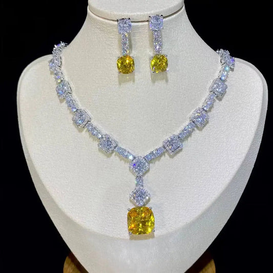 Elegant Square Bright Yellow and Green Color Drop Earrings Necklace For Women Jewelry Set  Bridal Wedding Accessories