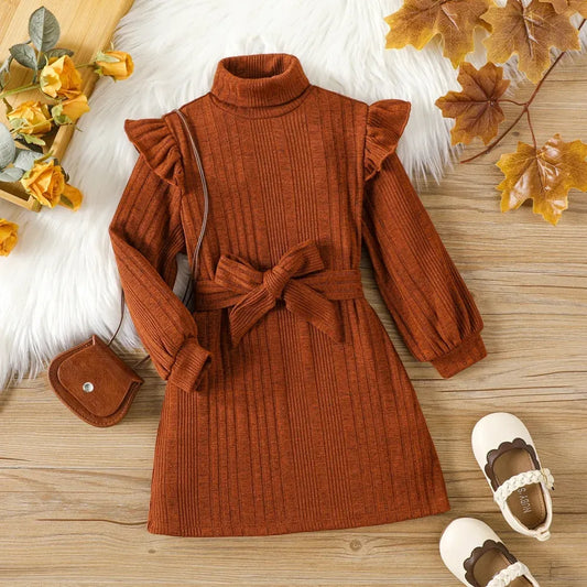 New Children's Autumn Winter Woolen High Neck Flying Sleeve Lace up Knitted Long Sleeve Dress