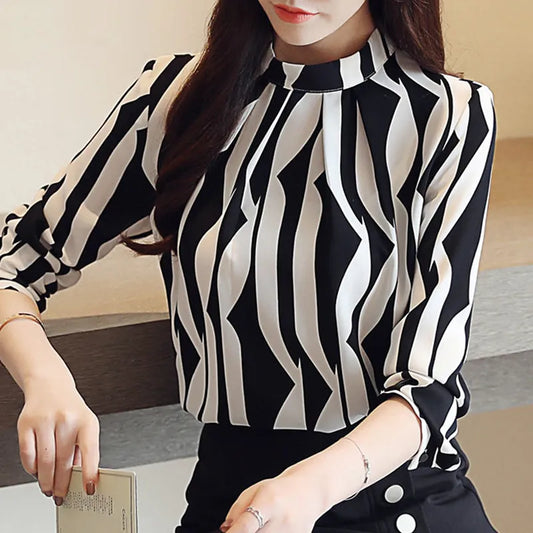 Striped Chiffon Blouse Shirt Fashion Woman Long Sleeves Office Work Wear Shirt