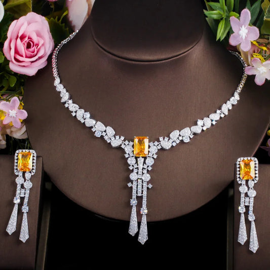 Classic Square Yellow CZ Long Dangle Tassel Necklace Earrings Wedding Bride Jewelry Women Set