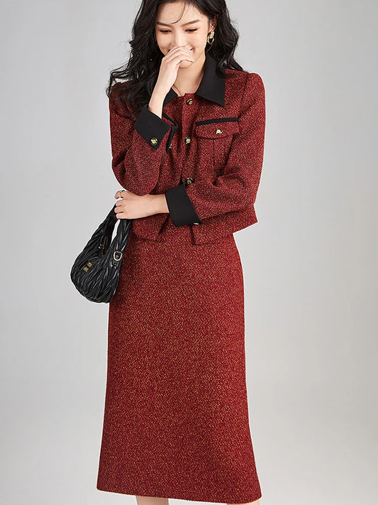 Winter Tweed Woolen Jacket and Skirt Suit 2 Piece Women Party Outfit Office Lady Long Sleeve Vintage Dress