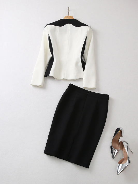 Color Block Blazer Skirt Two Piece Dress Sets Elegant Women Outfit Office Formal Suit Set