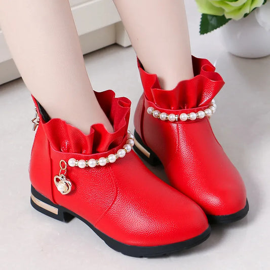 Girls Ankle Boots Children Snow Shoes Fashion Princess Warm Ruffles Pearls Beading with Back Zipper Sweet Chic Winter Footwear