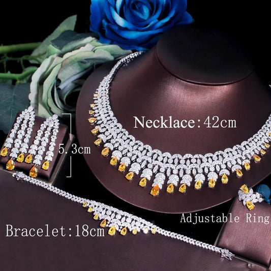 Women 4pcs Shiny Yellow Cubic Zirconia Silver Color Luxury Nigerian Dubai Bridal Wedding Party Jewelry Set