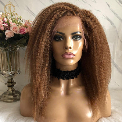 Kinky Straight Brown Colored 360 Lace Frontal Wig 13x4 Bleached Knots 