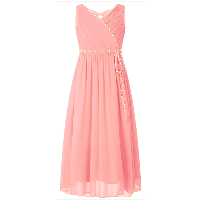 Girls Summer Wedding Birthday Party Dress Sleeveless Ruched Hollow Out Beaded Chiffon Maxi Dresses with Detachable Sash