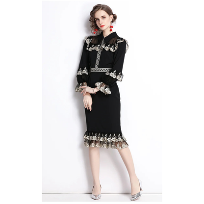 Women Spring Luxury Embroidery Dress High Quality Cocktail Party Robe Femme Vintage Designer Trumpet Dress
