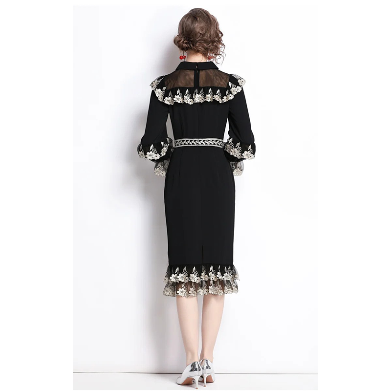 Women Spring Luxury Embroidery Dress High Quality Cocktail Party Robe Femme Vintage Designer Trumpet Dress