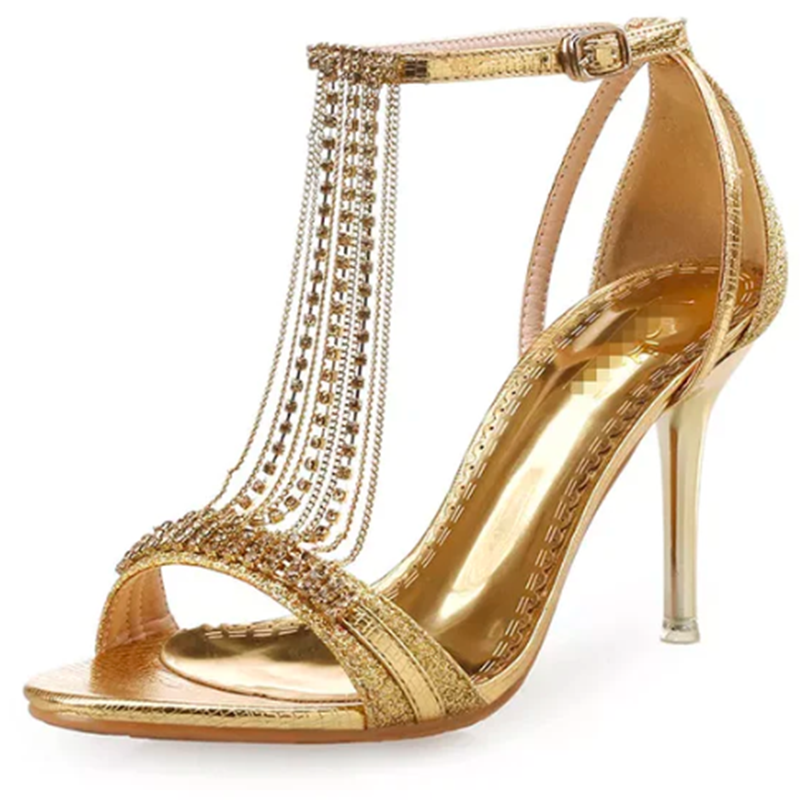 Golden Crystal Summer Women's Sandals Fashion Bride Party Dress Shoes High Heels Ladies Leather Sandals