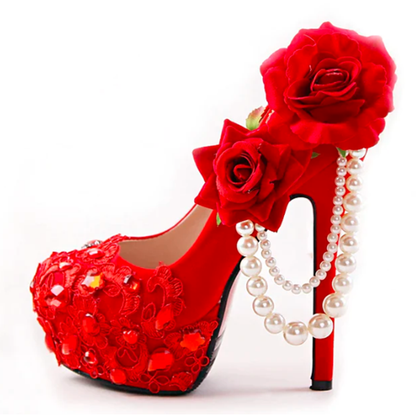 New Red Color Flock Women Wedding Shoes Bride High Heels Big Flower Shoes