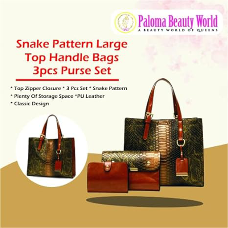 Paloma Beauty World’s Premium Tote Shoulder Bag for Women, Snake Pattern Large Top Handle Bags 3pcs Purse Set