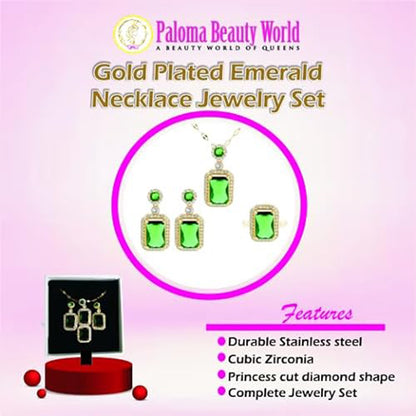 Paloma Beauty World’s Iced Out Cubic Zirconia Green Gemstone Gold Plated Emerald Jewelry Sets for women, Elegant Wedding Jewelry Set for Women and Girls, Earrings and necklace set for women