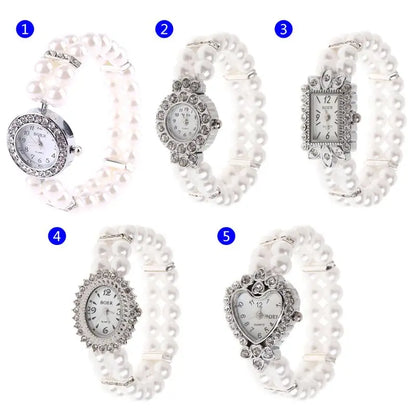 Simulated Pearl Rhinestone Luxury Women Watch Fashion Elegant Wrist Band Bracelet Jewelry Lady Elastic Universal Wristwatch