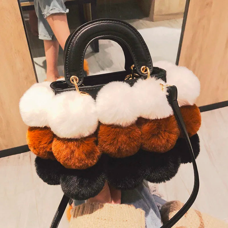 Winter Faux Fur Luxury New Ladies Cute Tote Bag Women Designer Handbag Hair Ball Shoulder Hanndbag