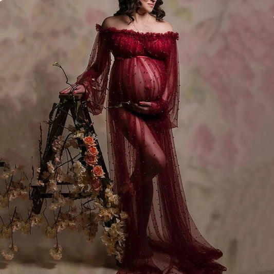 Beading Pearl Maternity Photoshoot Long Dress See Through Free Size Maternity Pearl Dress