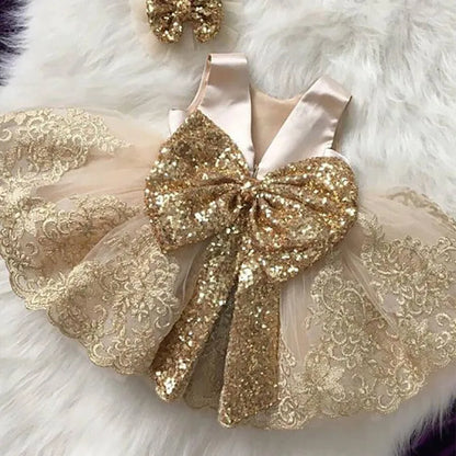 Summer Sequins Bow Baby Girl Dress Gold Birthday Princess Wedding Kids Party Dresses For Girl Bridesmaid Evening Gown