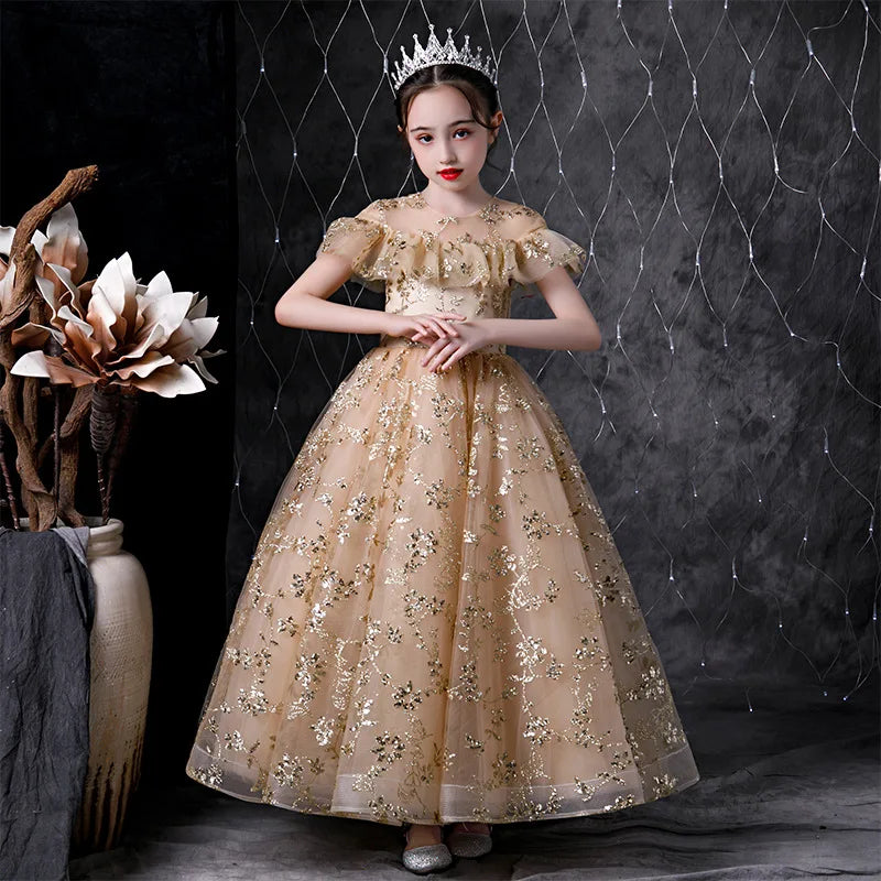 2 4 5 6 7 8 10 12yr Golden Sequin Flowers Teenage Kids Flower Girl Wedding Long Dress Princess Party Pageant Formal Dress