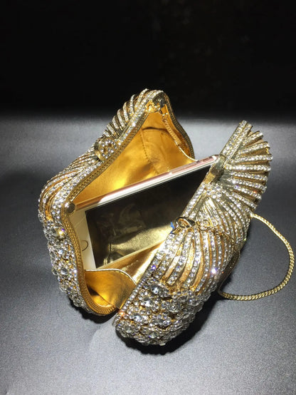 Women Gold Color Flower Rhinestones Clutch Bags Crystal Evening Purse Stones Metal Clutches Small Wedding Handbag
