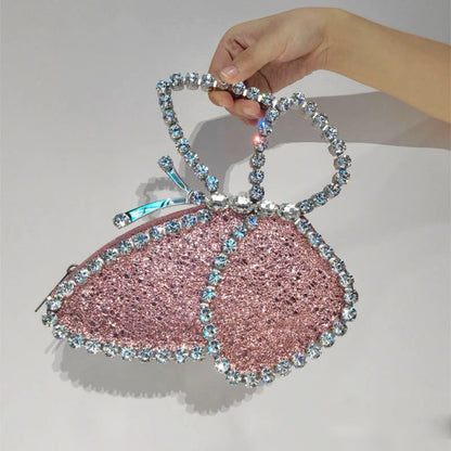 White Rhinestone Pink Butterfly Wedding Evening Clutches New Fashion Women Lady Party Prom Handbags