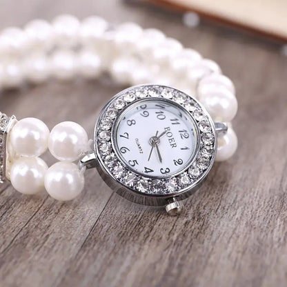 Simulated Pearl Rhinestone Luxury Women Watch Fashion Elegant Wrist Band Bracelet Jewelry Lady Elastic Universal Wristwatch