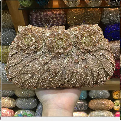 18 Colors Wedding Formal Women Gold Crystal Evening Clutch Bags Metal Handbags Flower Bridal Purse Wallet