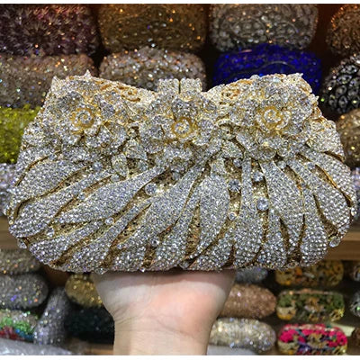 18 Colors Wedding Formal Women Gold Crystal Evening Clutch Bags Metal Handbags Flower Bridal Purse Wallet