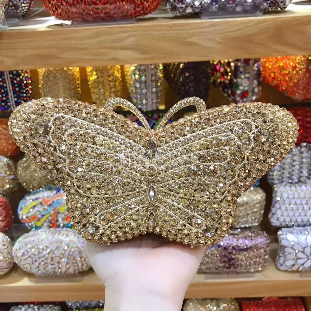Women Butterfly Rhinestones Clutch Bag Small Chain Shoulder Handbags Wedding Bridal Evening Bags For Party