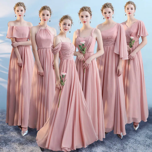 Chiffon Pink Long Princess Bridesmaid Banquet Party Gown Dress
