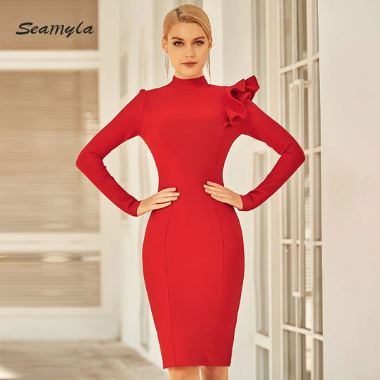 2024 New Summer Women O-Neck Long Sleeve Ruffles Bodycon Bandage Dress Red Elegant Celebrity Runway Party Dress
