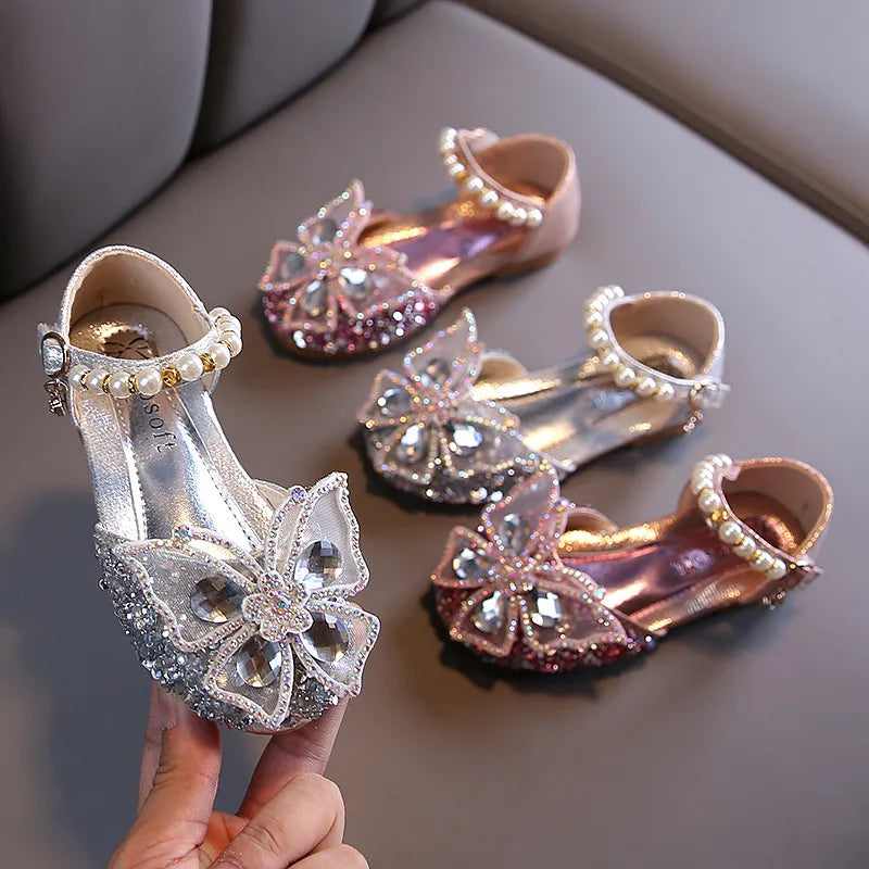 Girls Sequin Lace Bow Kids Shoes Girls Cute Pearl Princess Dance Single Casual Shoe 2024 New Children's Party Wedding Footwear