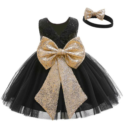 Newborn Baby Black and Gold Halloween Dress Sparkly Sequin Pageant Elegant Girls Dress 1 Year Kids Evening Formal Outfit