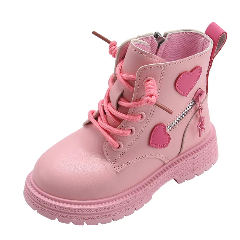 Girls Rubber Boots Kids Fashion Cool Girl Autumn and Winter Cotton Soft Sole Pink with Love Side Zip Princess Round-toe PU Footwear