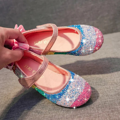 Girl Shoes Spring New Soft Sole Leather Shoes Rainbow Sequins Dress Princess Shoes Kids Girls Shoes