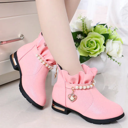 Girls Ankle Boots Children Snow Shoes Fashion Princess Warm Ruffles Pearls Beading with Back Zipper Sweet Chic Winter Footwear