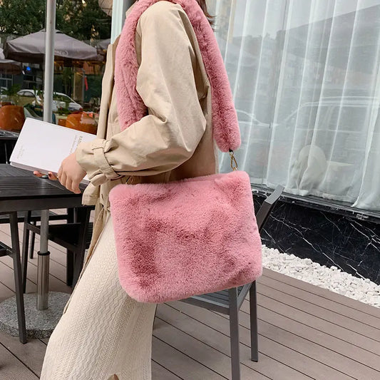 Faux Fur Handbags For Women Soft Plush Large Capacity Shopping Bag Simple Furry Ladies Casual Tote Handbag