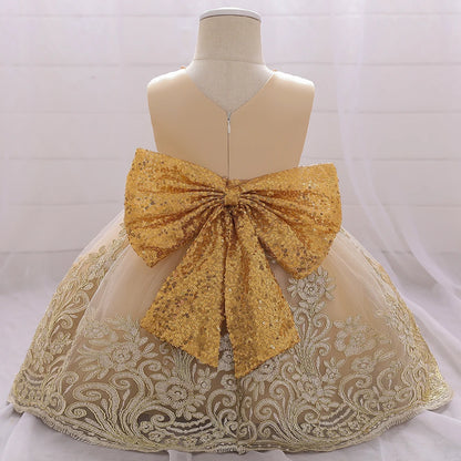 Summer Sequins Bow Baby Girl Dress Gold Birthday Princess Wedding Kids Party Dresses For Girl Bridesmaid Evening Gown