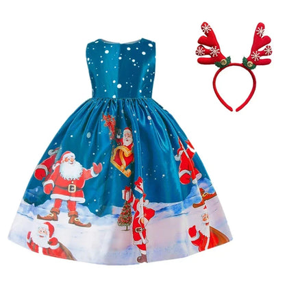 New Year Christmas Costume for Kids Girls Clothes Sets Cartoon Snowflake Santa Print Party Dresses