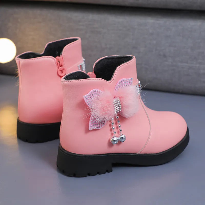 Girl Shoes Mid Length Warm Leather Boots Baby Bow Cute Cotton Shoes Plush Winter New Student Two Cotton Boots