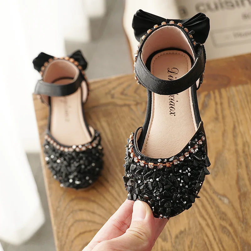 High Quality Kids Leather Shoes Girls Wedding Shoes Children Princess Sandals Sequins Bow Girls Casual Dance Shoes Flat Sandals