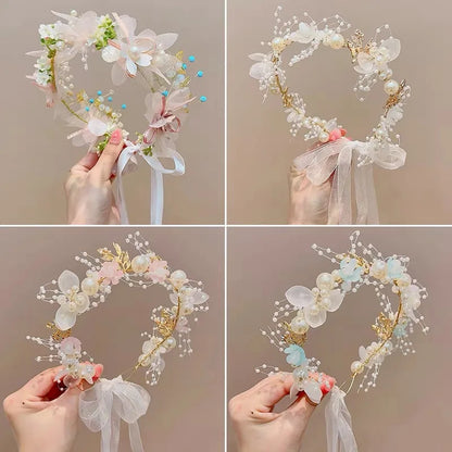 Elegant Girls Bridal Headband Romantic Pearl Hair Flower Wreath Bride Garland Head Hoop Wedding Headbands Hair Jewelry