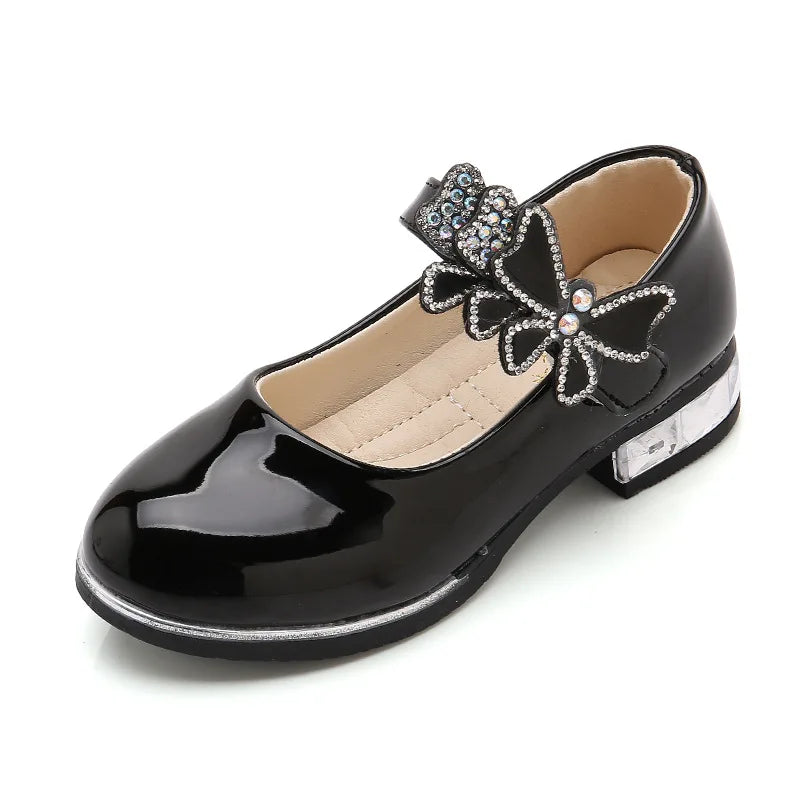 Girls Leather Shoes New Spring Summer PU Patent Leather Kids Dress Shoes High Heels Butterfly-knot Dress Shoes for Wedding Chic