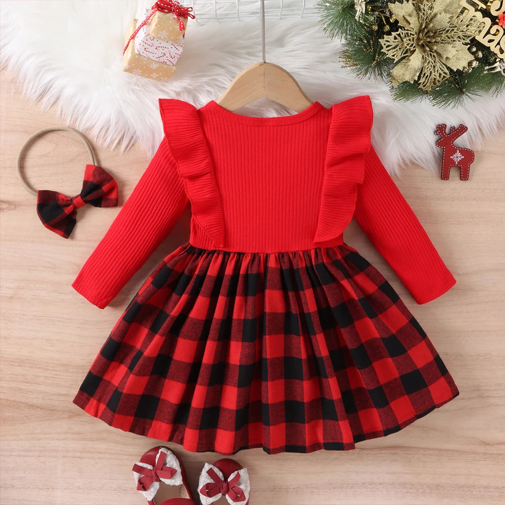 New 9M-4Y Dress Suit Baby Girls Patchwork Plaid Long-Sleeve Dress+Headband 2PCS Festival Outfit