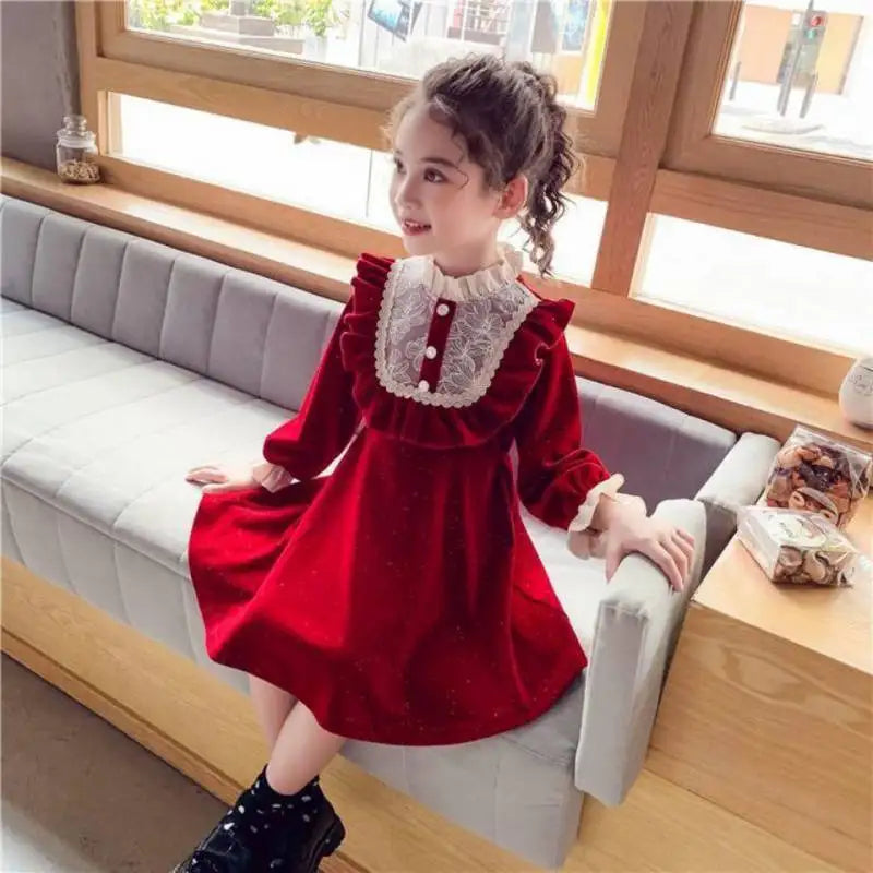 Hot Red Dress For Girls Birthday Party Performance Clothes New Winter Spring Autumn Children Velvet Glisten Dress