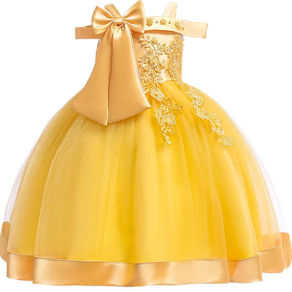 3-10 Years Kids Party Dresses Appliques Flower Elegant Wedding Dress With Bow Children Birthday Prom Gown