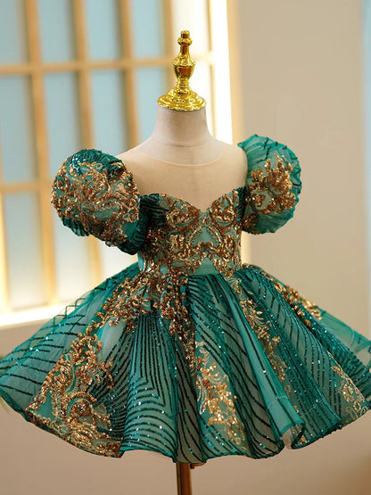 Kids Luxury Party Green Gold Dress Girls Size 3 To 14 Years Birthday Photo Shoot Gown Evening Formal Lace Dress Prom Frock