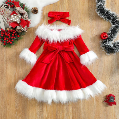 Latest Baby Girl Christmas Clothes Set Faux Fur Patchwork Long Sleeve Off Shoulder A-Line Dress with Belt + Bow Headband