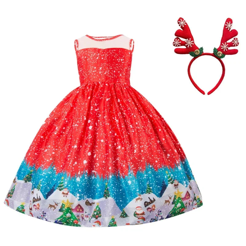 New Year Christmas Costume for Kids Girls Clothes Sets Cartoon Snowflake Santa Print Party Dresses