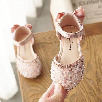 High Quality Kids Leather Shoes Girls Wedding Shoes Children Princess Sandals Sequins Bow Girls Casual Dance Shoes Flat Sandals